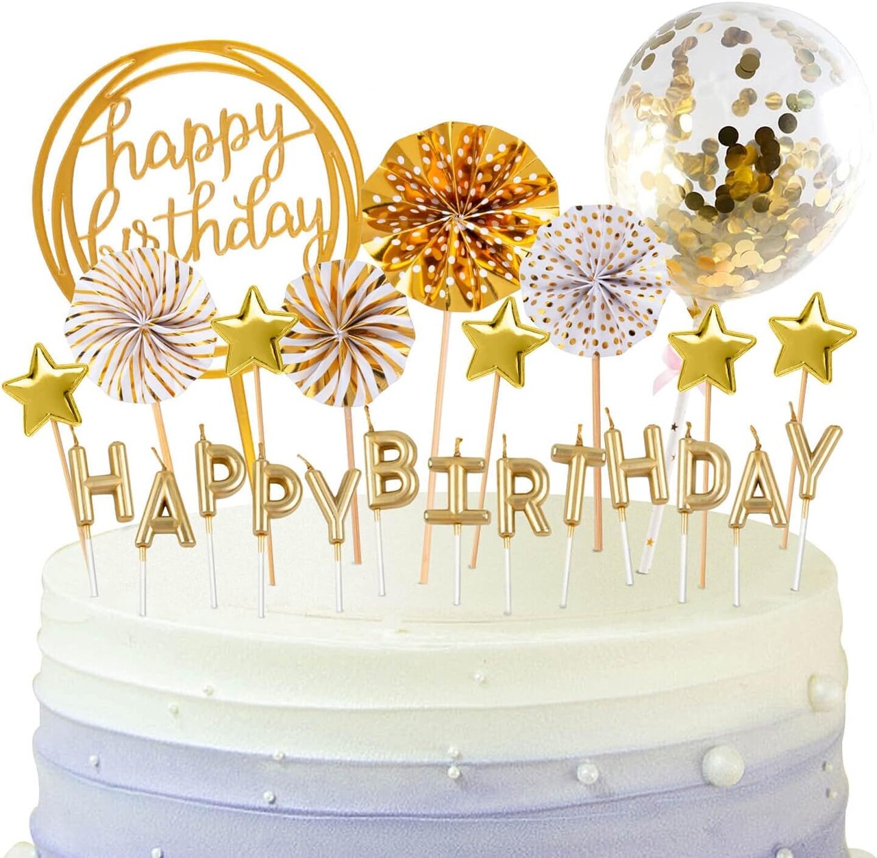 12PCS Birthday Cake Decoration Set – Gold Candles, Confetti & Cupcake Toppers